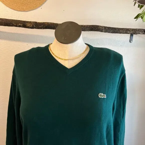 Lacoste Green Unisex V Neck 100% Cotton Pullover Sweater Size XL